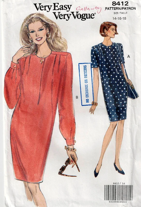 Vogue 8412 Womens Straight Dress with Pleated Shoulders 1990s Vintage Sewing Pattern Size 14 - 18 UNCUT Factory Folded
