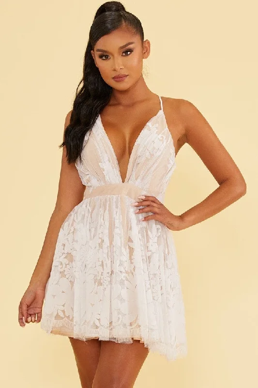 Elegant White Lace Layered Strap Deep V-Neck Ruffle Dress