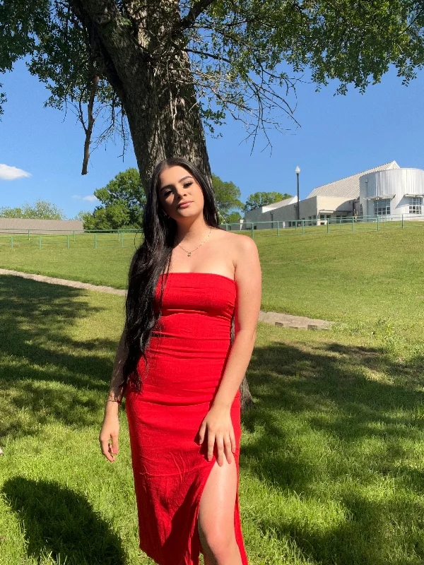 Esmeralda Midi Side Slit Dress - Apple Red