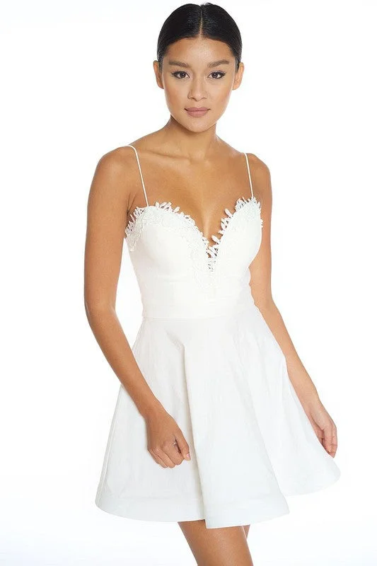 Elegant V Neck Lace Flare White Dress