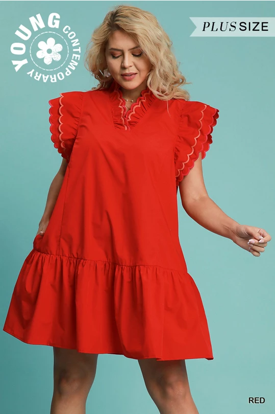 Ruffled Scalloped Sleeved Dress