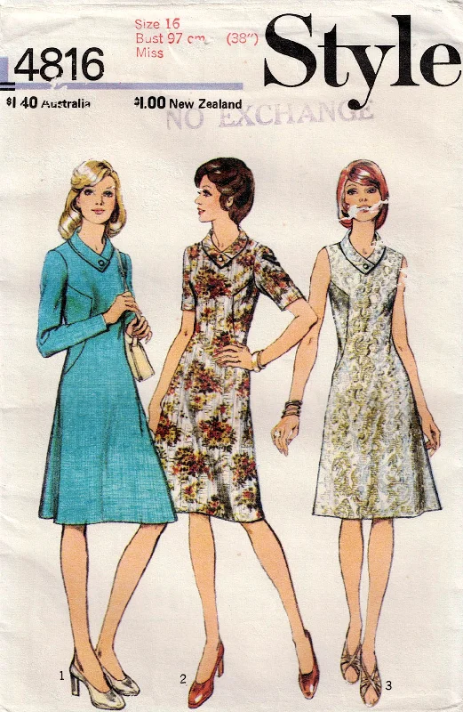 Style 4816 Womens Dress with Front Seam Interest & Bias Collar 1970s Vintage Sewing Pattern Size 16 Bust 38 inches UNCUT Factory Folded