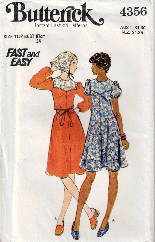 Butterick 4356 Junior Petite Small Womens Yoked Dress Belt & Scarf 1970s Vintage Sewing Pattern Size 11JP Bust 34 inches