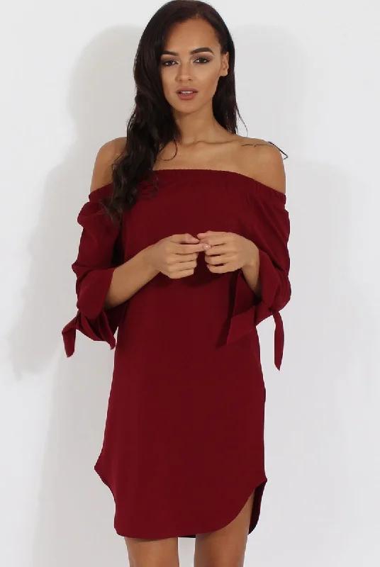 Wine Bardot Tie Cuffs Dress - Whitney
