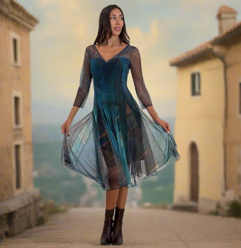 LAST ONE SZ M - Elana Kattan Italian Mesh Fit and Flare 3/4 sleeves Printed Mesh Dress - Finley