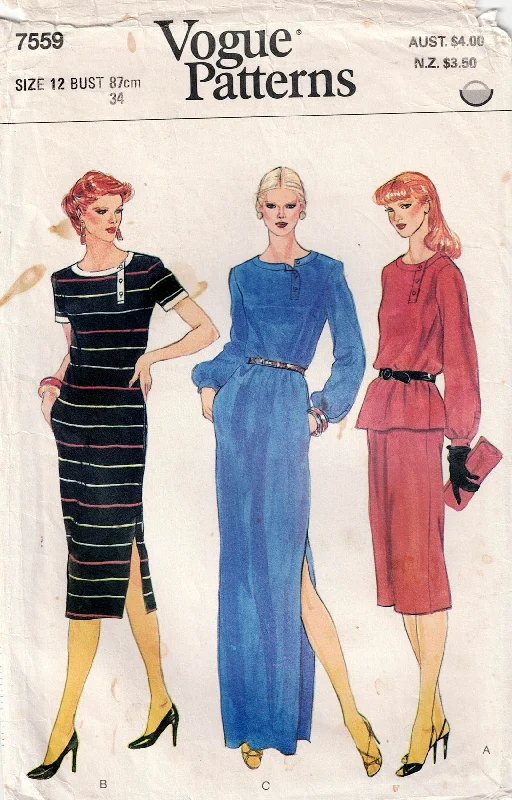 Vogue 7559 Womens Asymmetric Dress or Top & Skirt 1980s Vintage Sewing Pattern Size 12 Bust 34 inches UNCUT Factory Folded Vogue 7559 Womens Asymmetric Dress or Top & Skirt 1980s Vintage Sewing Pattern Size 12 Bust 34 inches UNCUT Factory Folded