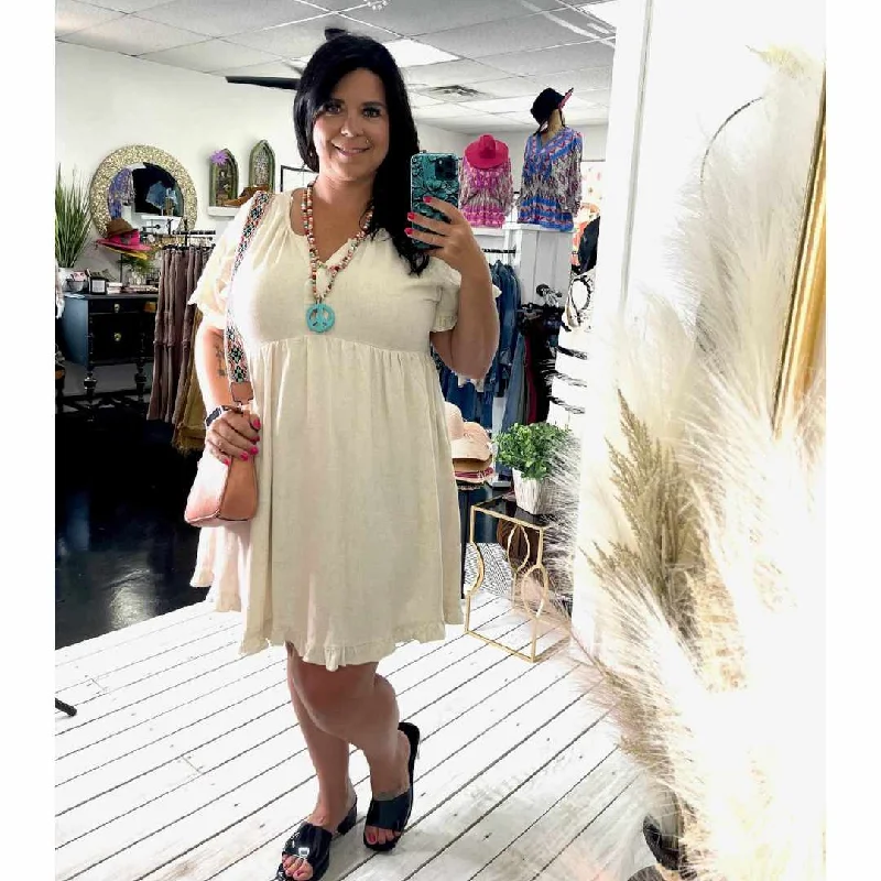Linen Blend Pin-Tuck Ruffle Sleeve Dress
