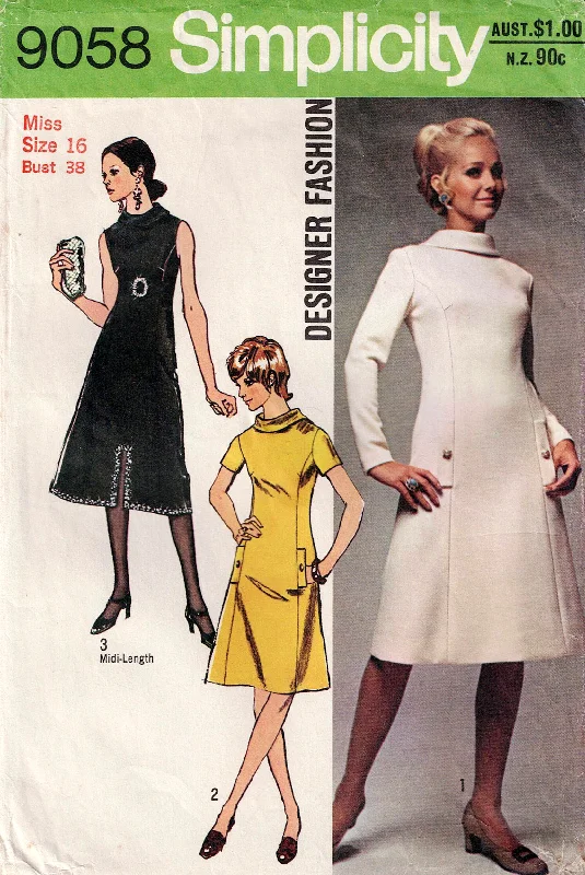 Simplicity 9058 Designer Womens Lined Princess Seamed Dress with Roll Collar 1970s Vintage Sewing Pattern Size 16 Bust 38 inches