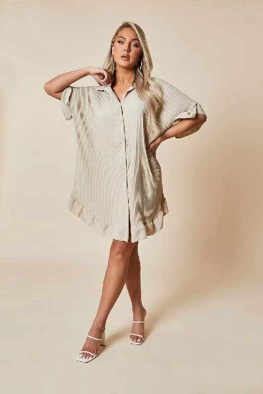 Beige Plisse Detail Frill Hem Oversized Dress - Sakura