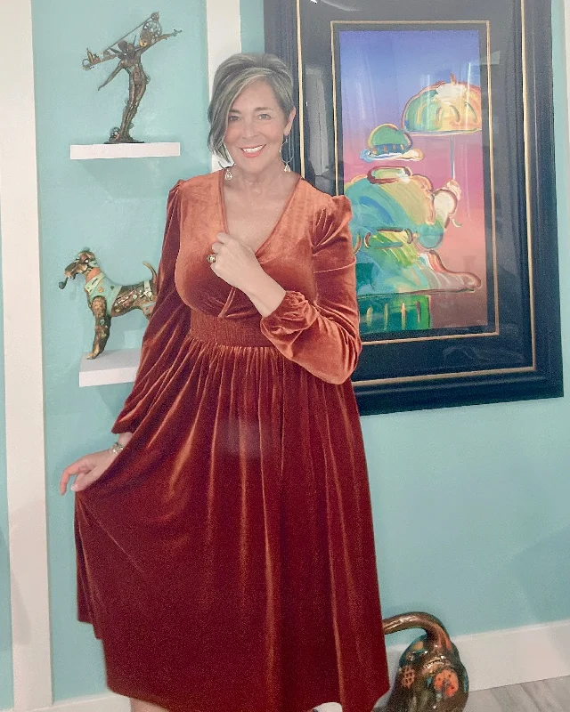 Spice Rust Velvet Elastic Waist Long Sleeve Midi Snap VNeck Dress