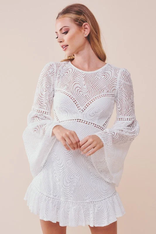 Elegant White Lace Pom Pom Detailed Tassel Ruffle Dress with Bell Sleeve