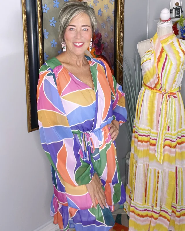 Multicolor Geo Graphic Dress in Green, Purple, Orange & Pink Abstract Geometric Ruffle Hem Multicolor Geo Graphic Dress in Green, Purple, Orange & Pink Abstract Geometric Ruffle Hem