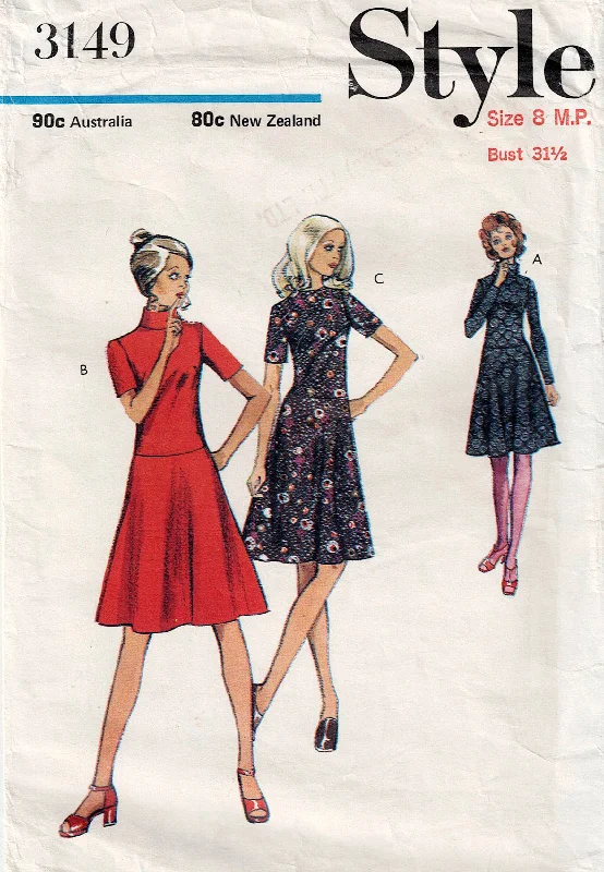 Style 3149 Misses Petite Dropped Waist Dress with Bias Cut Skirt 1970s Vintage Sewing Pattern Size 8MP Bust 31.5 inches