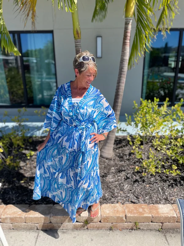 Royal Blue & White Tropical Print Full Flare Sleeve Maxi Cover Up Dress