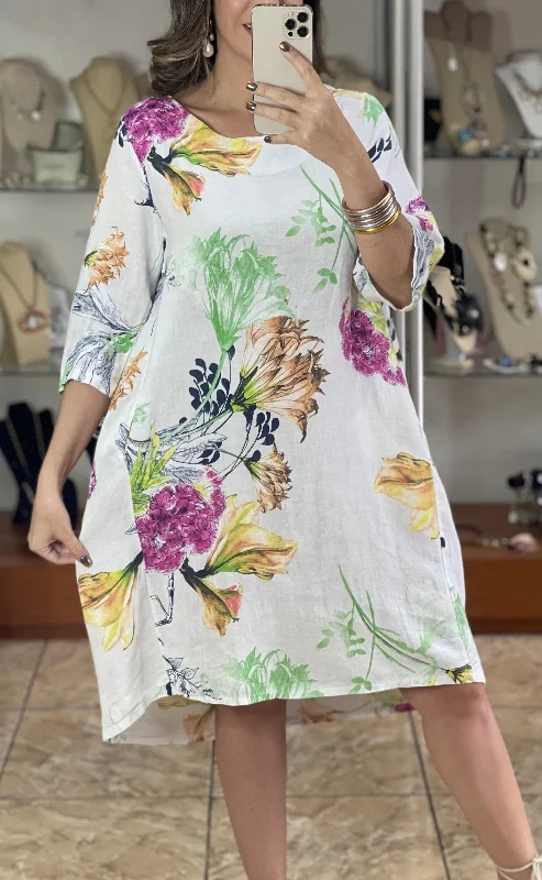 White Floral OS Linen Dress