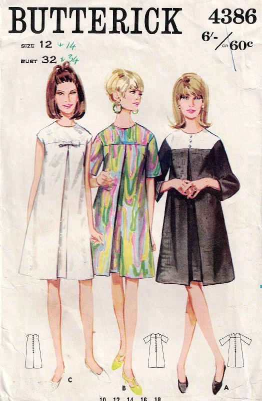 Butterick 4386 Womens Yoked Tent Dress with Inverted Pleat 1960s Vintage Sewing Pattern Size 12 Bust 32 inches Butterick 4386 Womens Yoked Tent Dress with Inverted Pleat 1960s Vintage Sewing Pattern Size 12 Bust 32 inches