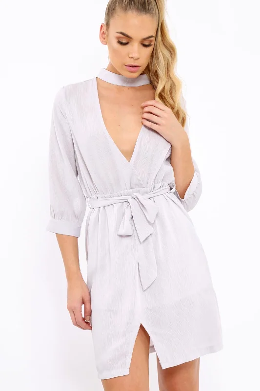 Grey High Neck Plunge Tie Waist Dress - Trinity