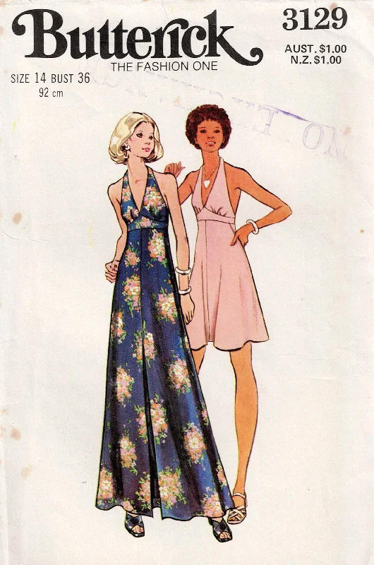 Butterick 3129 Womens Midriff Band Mini or Maxi Halter Dress 1970s Vintage Sewing Pattern Size 14 Bust 36 Inches Butterick 3129 Womens Midriff Band Mini or Maxi Halter Dress 1970s Vintage Sewing Pattern Size 14 Bust 36 Inches
