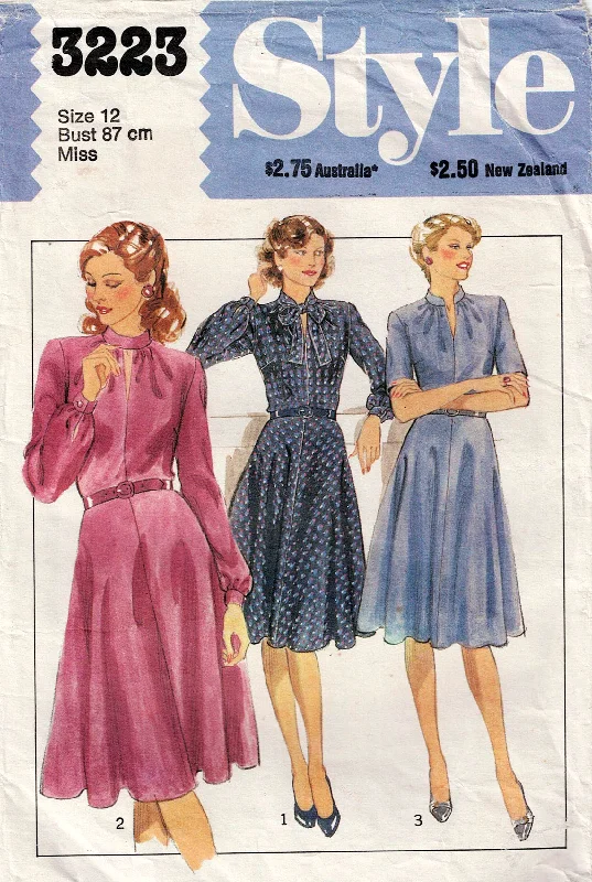 Style 3223 Womens High Collar Fit & Flared Dress 1980s Vintage Sewing Pattern Size 12 Bust 34 inches