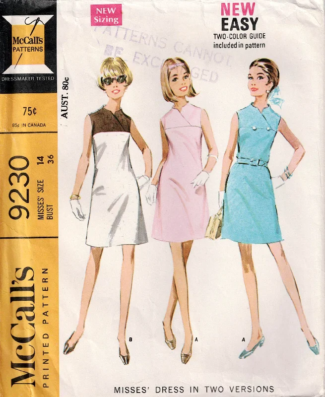 McCall's 9230 Womens Yoked Colour Blocked Shift Dress 1960s Vintage Sewing Pattern Size 14 Bust 36 inches