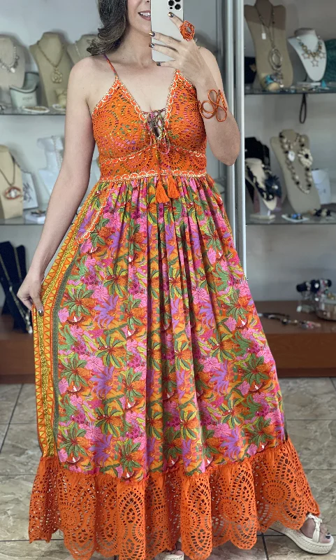 Orange Tropical OS Maxi Boho Dress