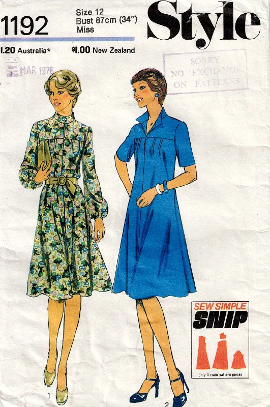 Style 1192 Womens Flared Dress with Yoke & Bodice Tucks 1970s Vintage Sewing Pattern Size 12 or 16