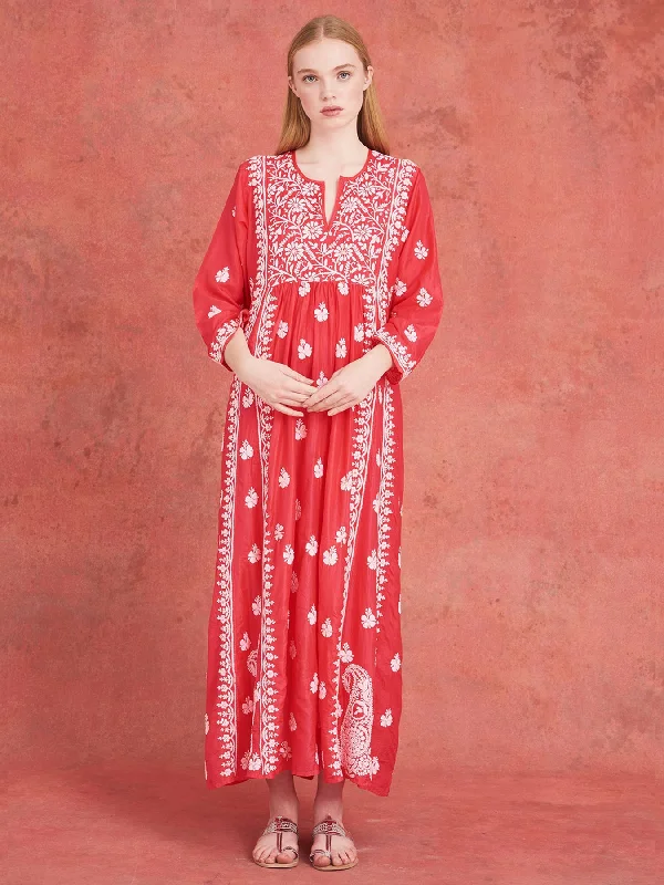 Embroidered Silk Dress, Pink