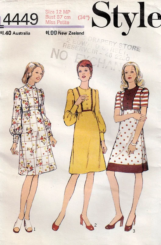 Style 4449 Misses Petite Empire Waist Dress 1970s Vintage Sewing Pattern Size 12 MP Bust 34 inches Style 4449 Misses Petite Empire Waist Dress 1970s Vintage Sewing Pattern Size 12 MP Bust 34 inches
