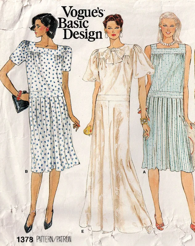 Vogue Basic Design 1378 Womens Dropped Waist Dress with Sleeve & Skirt Variations 1980s Vintage Sewing Pattern Size 8 Bust 31.5 Inches Vogue Basic Design 1378 Womens Dropped Waist Dress with Sleeve & Skirt Variations 1980s Vintage Sewing Pattern Size 8 Bust 31.5 Inches