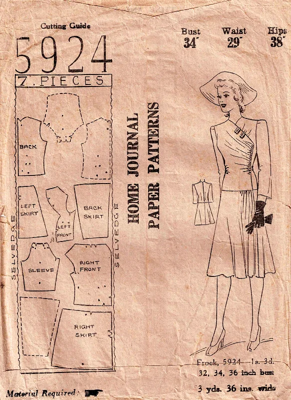 Australian Home Journal 5924 Womens Mock Wrap Side Gathered Dress 1940s Vintage Sewing Pattern Bust 34 inches LIMITED INSTRUCTIONS