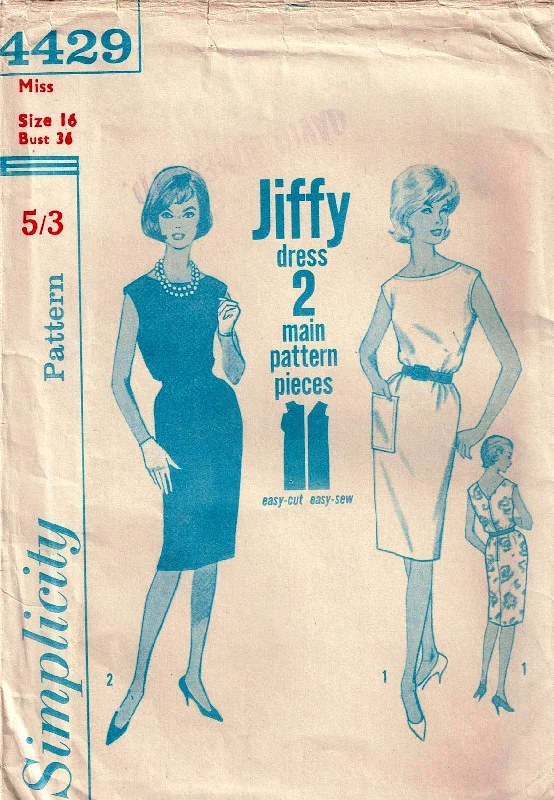 Simplicity 4429 Womens JIFFY Shift Dress 1960s Vintage Sewing Pattern Size 16 Bust 36 inches UNUSED Factory Folded Simplicity 4429 Womens JIFFY Shift Dress 1960s Vintage Sewing Pattern Size 16 Bust 36 inches UNUSED Factory Folded