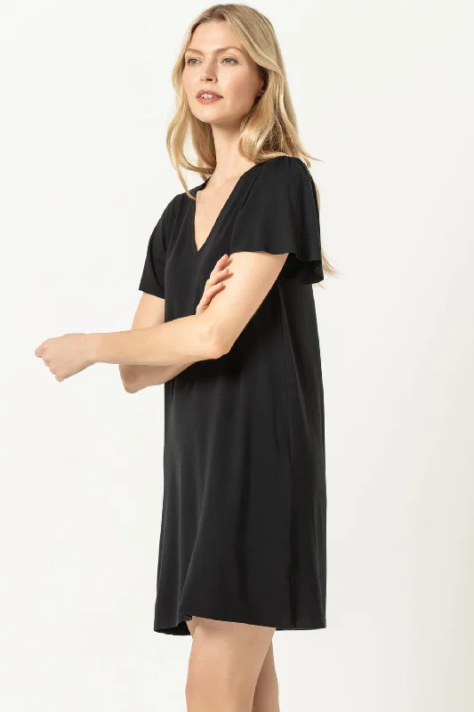 Lilla P Flutter Sleeve V Neck Dress - Black