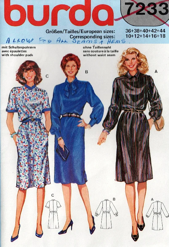 Burda 7233 Womens EASY Blouson Dress with Pockets 1980s Vintage Sewing Pattern Sizes 10 - 18 UNCUT Factory Folded