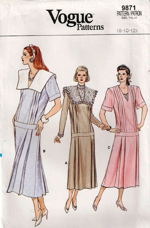 Vogue 9871 Womens Dropped Waist Dress with Side Pleats 1980s Vintage Sewing Pattern Size 8 - 12 UNCUT Factory Folded Vogue 9871 Womens Dropped Waist Dress with Side Pleats 1980s Vintage Sewing Pattern Size 8 - 12 UNCUT Factory Folded