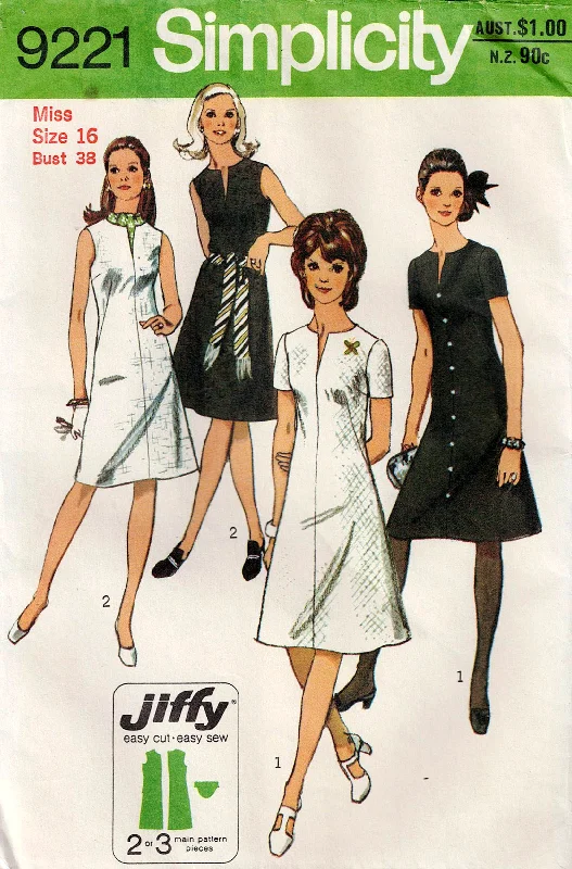 Simplicity 9221 Womens JIFFY Dart Fitted Shift Dress 1970s Vintage Sewing Pattern Size 16 Bust 38 inches UNCUT Factory Folded