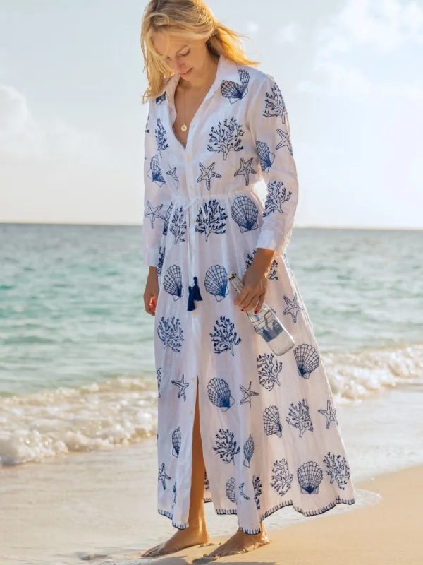Saheli Amalfi Long Dress, White / Blue Ocean Embroidery