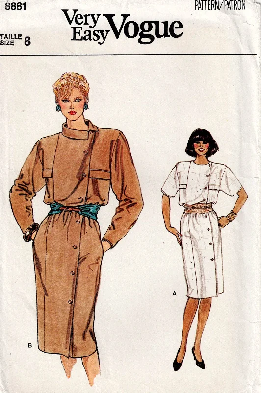 Vogue 8881 Womens Asymmetric Dress with Pockets 1980s Vintage Sewing Pattern Size 8 Bust 31.5 inches