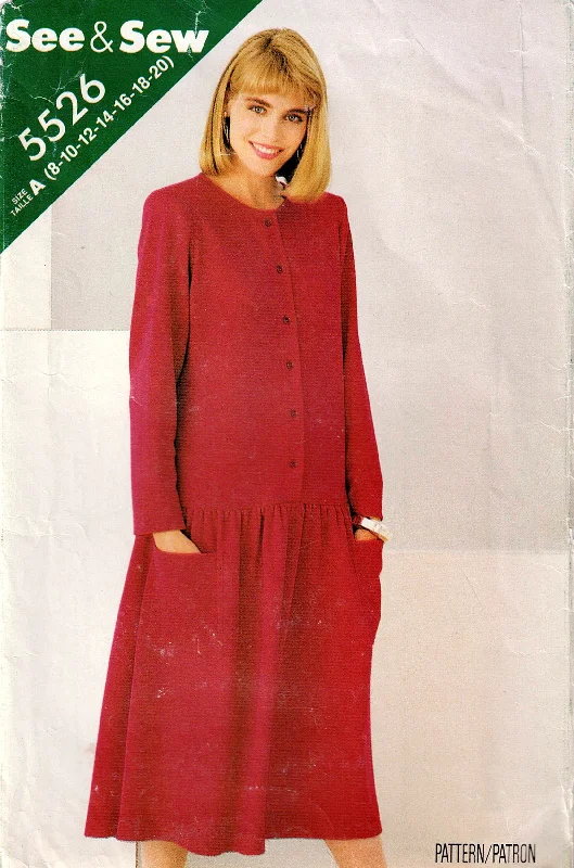 Butterick See & Sew 5526 Womens Classic Long Sleeved Drop Waisted Dress 1980s Vintage Sewing Pattern Size 8 - 20 UNCUT Factory Folded