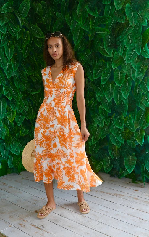 Felicite - Smocked Dress - Tangerine Orange Palm