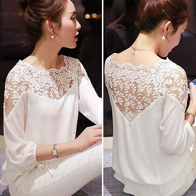 2019 New Sexy Fashion Women Hollow Out Lace Chiffon Blouse Casual Ladies Elegant Lace Shirt Soft Cotton Short Tee