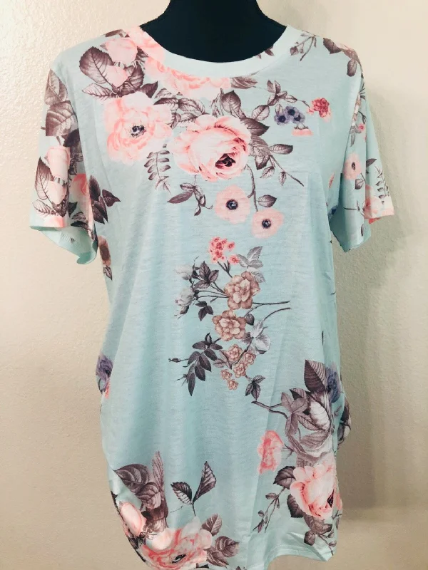 Aqua Floral Shirt Trendy Ruffled Short Sleeve