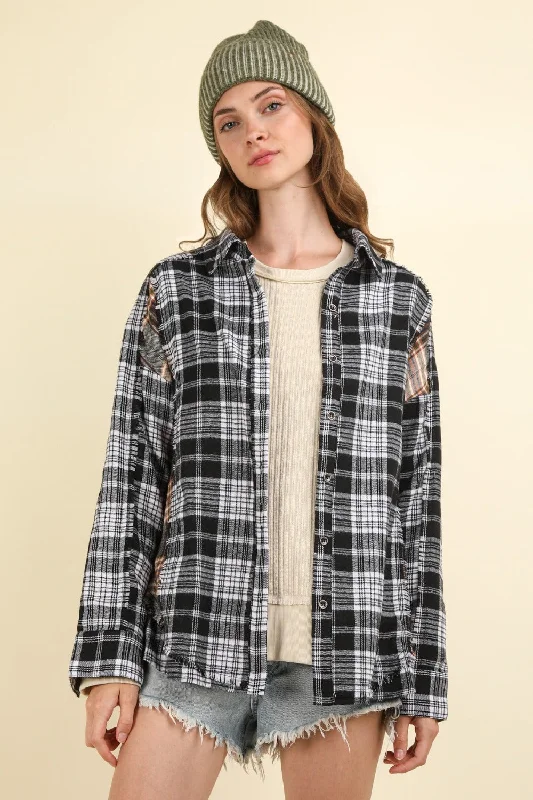 Contrast Plaid Raw Detail Shirt - Casual Oversized Fit Black Classic Button-Up Short Tee