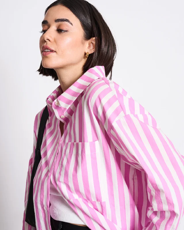 OVERSIZED SHIRT MAMRO HOT PINK STRIPED Classic Cropped Short Sleeve