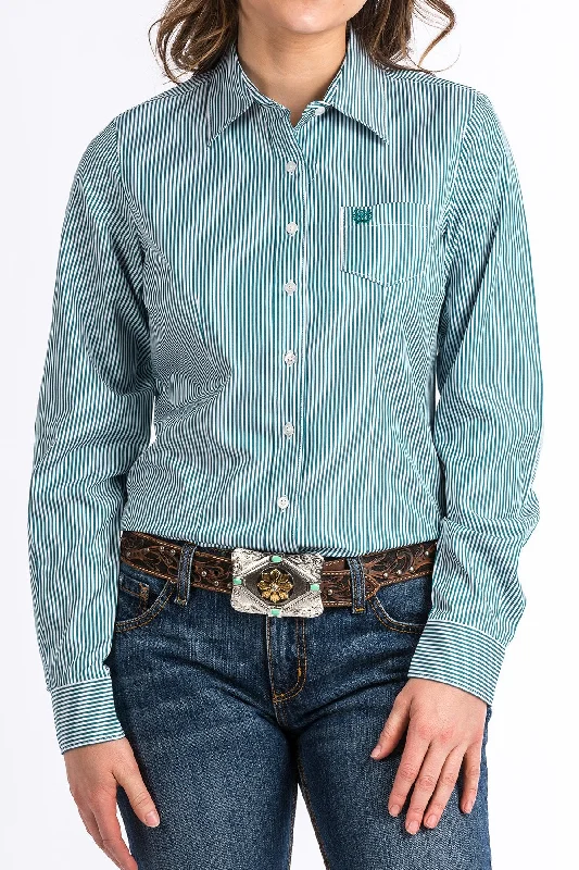 Cinch Ladies Teal and White Button Up L/S Shirt - MSW9164088 - On Sale Fashionable Sheer Short Shirt