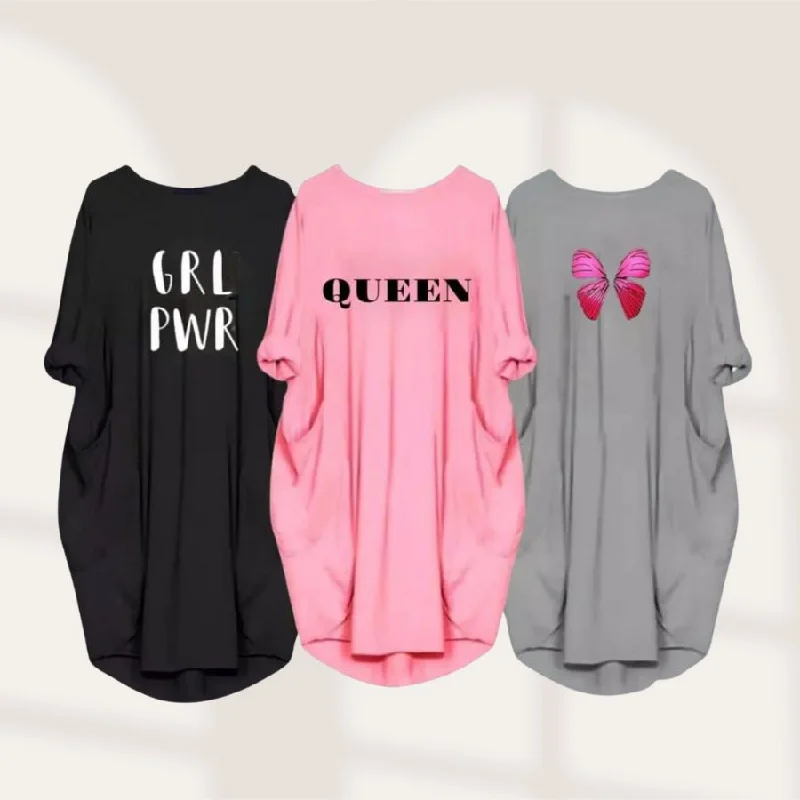 Classy Queen Printed Pack Of 3 Dream Long Shirts Elegant Lace-Trimmed Short Shirt