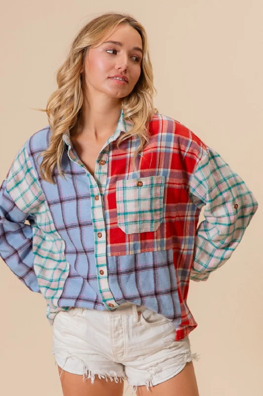 Color Block Plaid Button Down Shirt Classic Cropped Short Sleeve