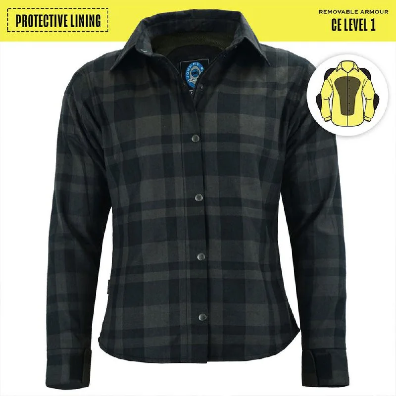 Womens Charc/Black Plaid Protective Shirt - Reinforced With Protective- Fibre-JRS10025 Chic V-Neck Short Blouse