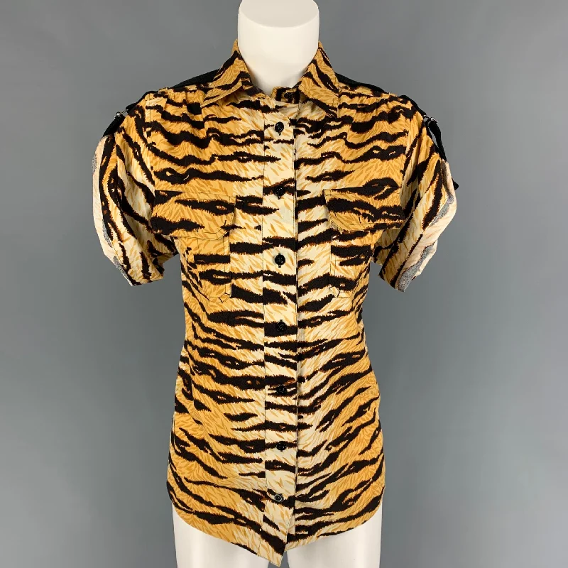 D&G by DOLCE & GABBANA Size 4 Tan Black Cotton Tiger Short Sleeve Shirt Comfortable Short Sleeve Blouse