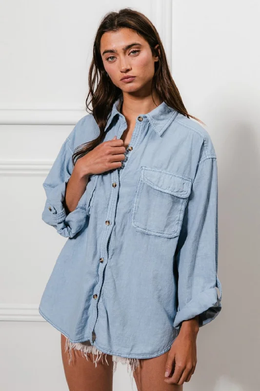 Denim Button Down Stitch Detail Shirt with Chest Pockets Casual Boxy Short Shirt