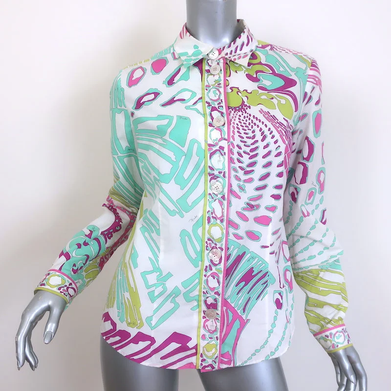 Emilio Pucci Printed Button Down Shirt White/Multi Size US 10 Long Sleeve Top Comfortable Peplum Short Shirt